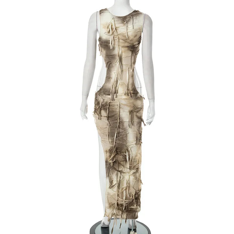 Tassel Print High Split Bodycon Maxi Dress