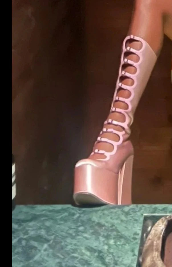 Pink Satin Platform Knee High Heels