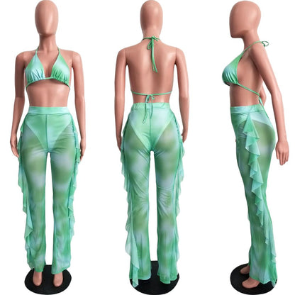 Mesh swimsuit beach cover up pant set - BoozayCollctn